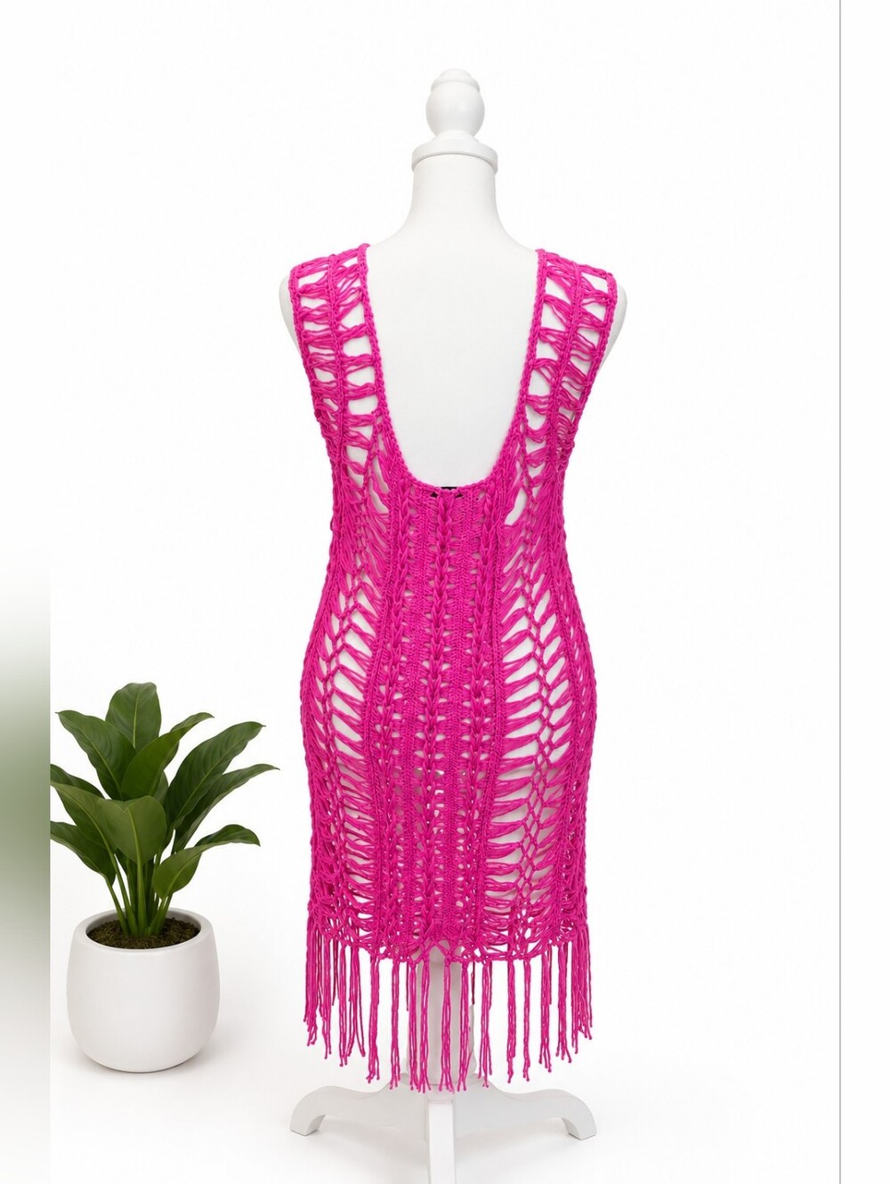 Hot Pink Crochet Fringe Swim Cover-Up Dress - Women Swim - Picture 3 of 5